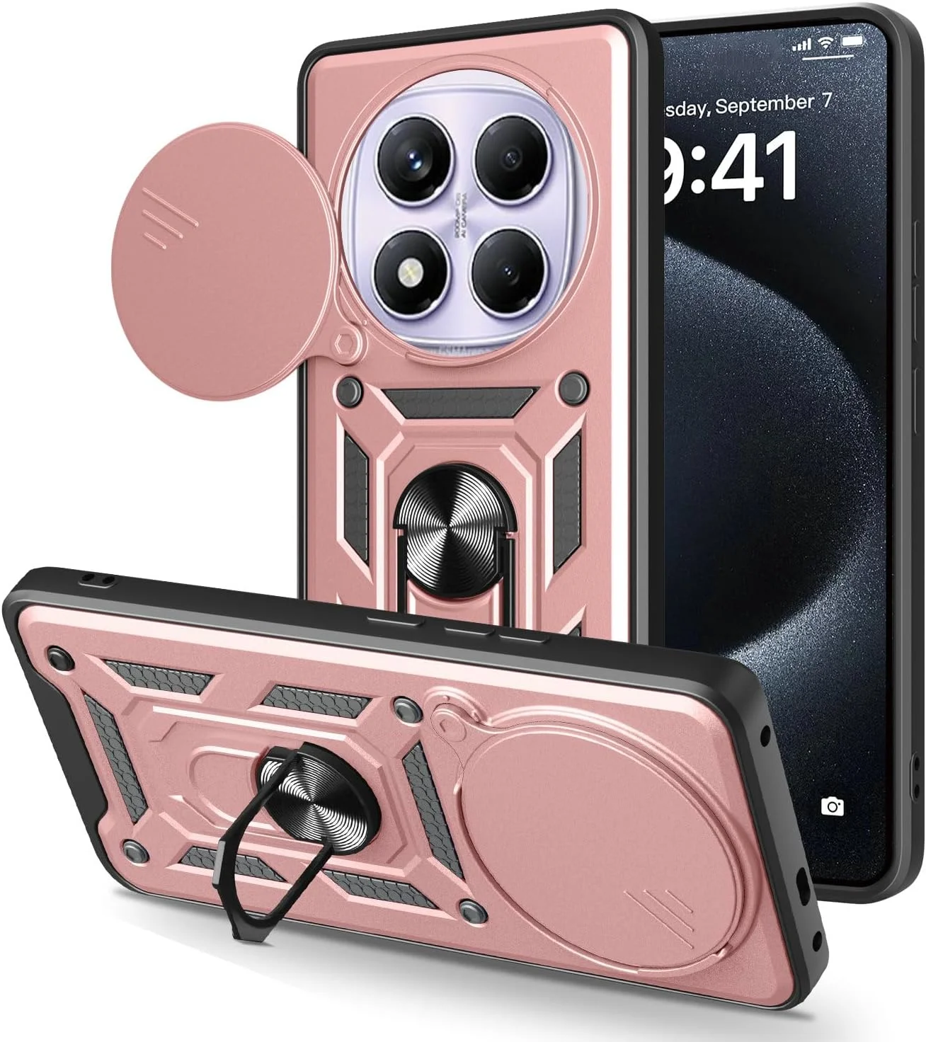 کاور محافظ سازگار با گوشی شیائومی ردمی نوت ۱۴ پرو 4G، دارای محافظ کشویی لنز دوربین، سازگار با شیائومی ردمی نوت ۱۴ پرو 4G مدل 24116RACCG، رنگ صورتی