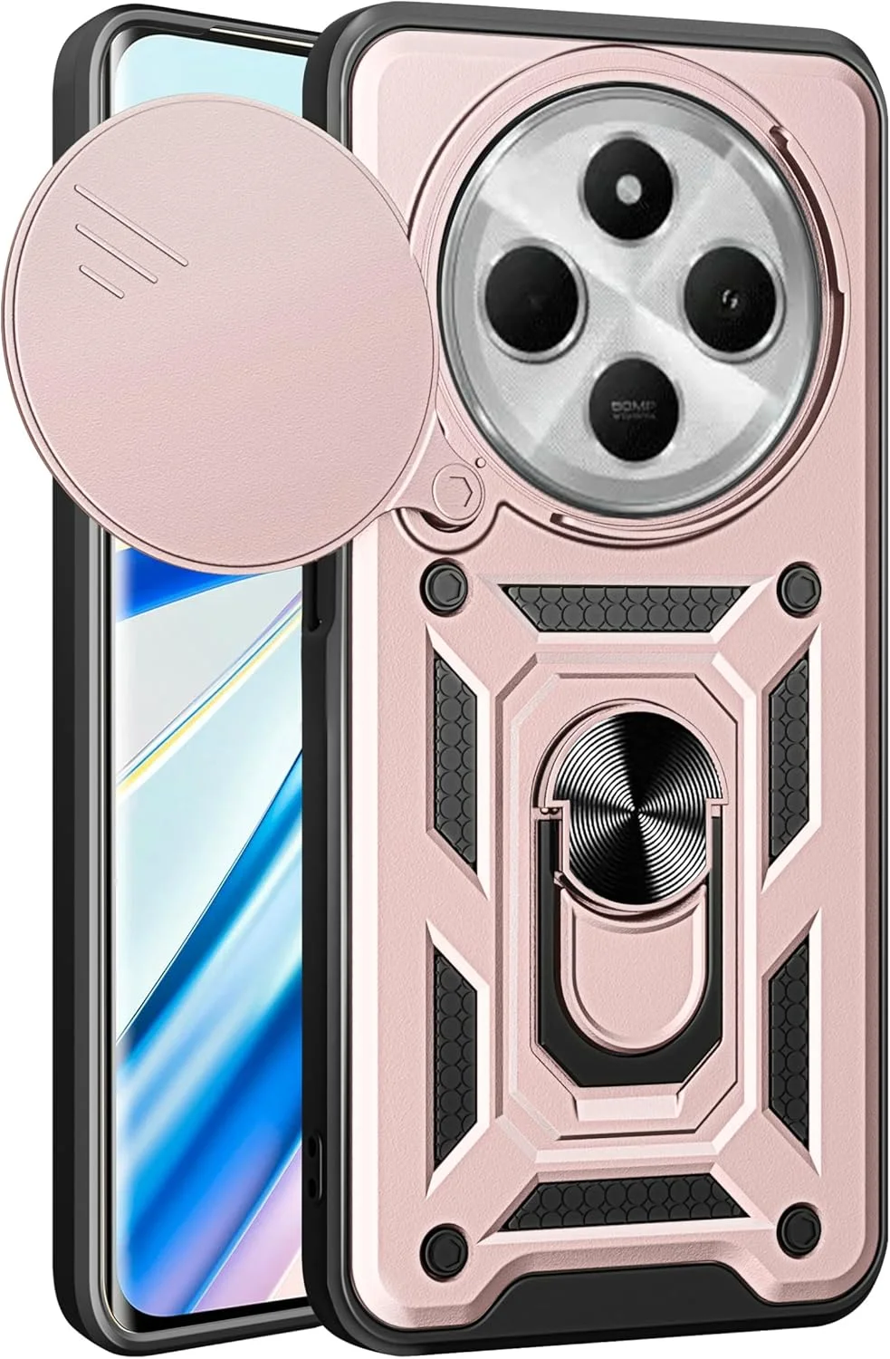 قاب محافظ سازگار با گوشی شیائومی ردمی 14C 4G، دارای پوشش کشویی لنز دوربین، سازگار با شیائومی ردمی 14C 4G مدل های 2409BRN2CA 2409BRN2CL 2409BRN2CG، رنگ صورتی