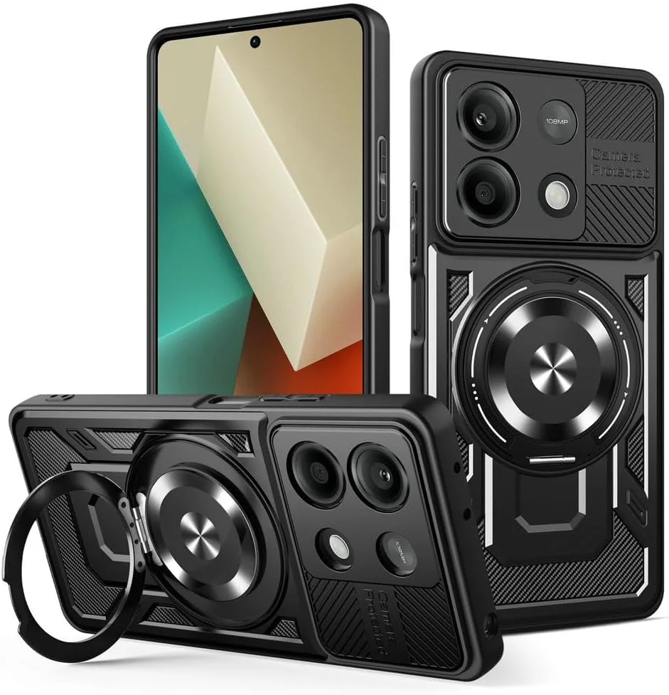 کاور محافظ گوشی سازگار با شیائومی ردمی نوت 13 پرو 4G، سازگار با شیائومی پوکو M6 پرو 4G، سازگار با MagSafe، کاور مشکی ضد ضربه با استند مغناطیسی چرخان 360 درجه