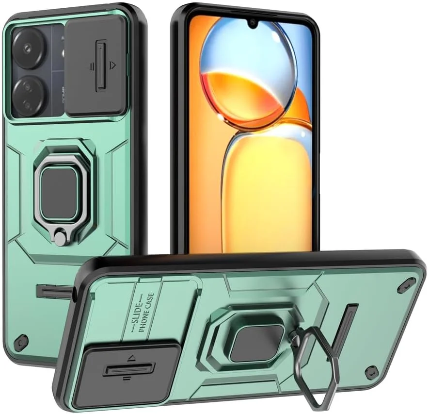 قاب محافظ سازگار با شیائومی ردمی 13C، کاور سازگار با شیائومی پوکو C65 4G، دارای محافظ لنز کشویی دوربین سازگار با شیائومی ردمی 13C 4G مدل 23100RN82L - سبز