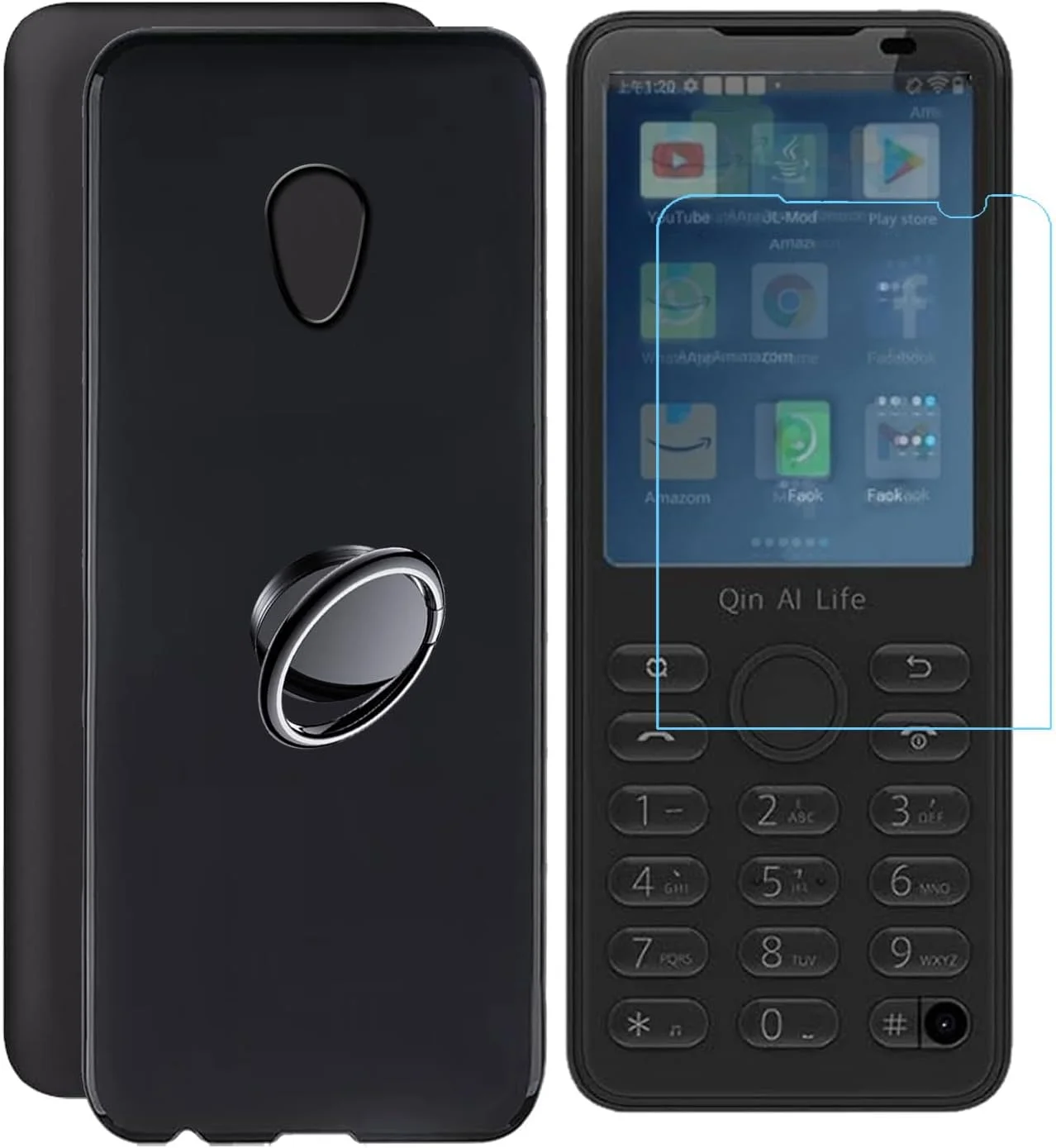 قاب محافظ گوشی شیائومی Qin F21 Pro/Plus، [همراه با 1 عدد محافظ صفحه نمایش شیشه ای تمپرد]، ضربه گیر TPU نرم، با [حلقه چرخان 360 درجه] مناسب برای شیائومی Qin F21 Pro (2.80 اینچ) - مشکی