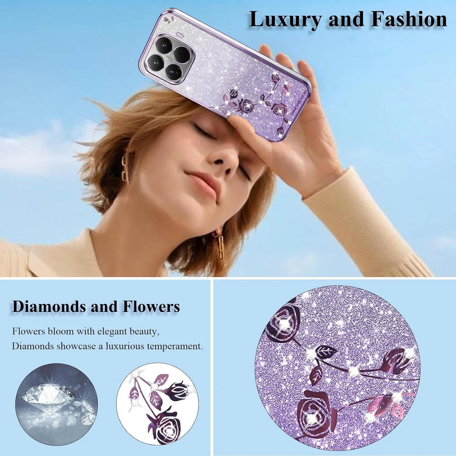 قاب گوشی برای شیائومی 15T Pro طرح گل‌دار اکلیلی شفاف، باریک و زیبا، محافظ سیلیکونی ضد ضربه مناسب دختران و بانوان (بنفش)