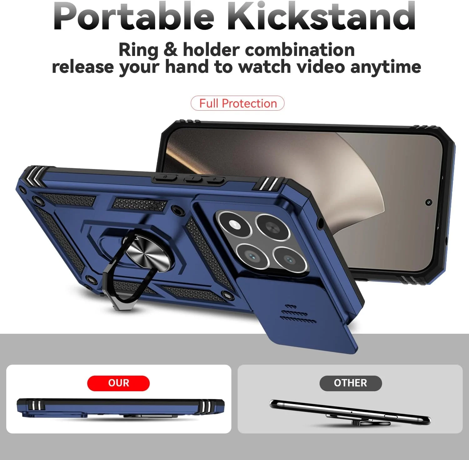 قاب گوشی شیائومی 15T با حلقه فلزی و پوشش کشویی دوربین، مقاوم و بادوام، محافظ ضد ضربه درجه نظامی، مناسب برای هولدر مغناطیسی خودرو (آبی)