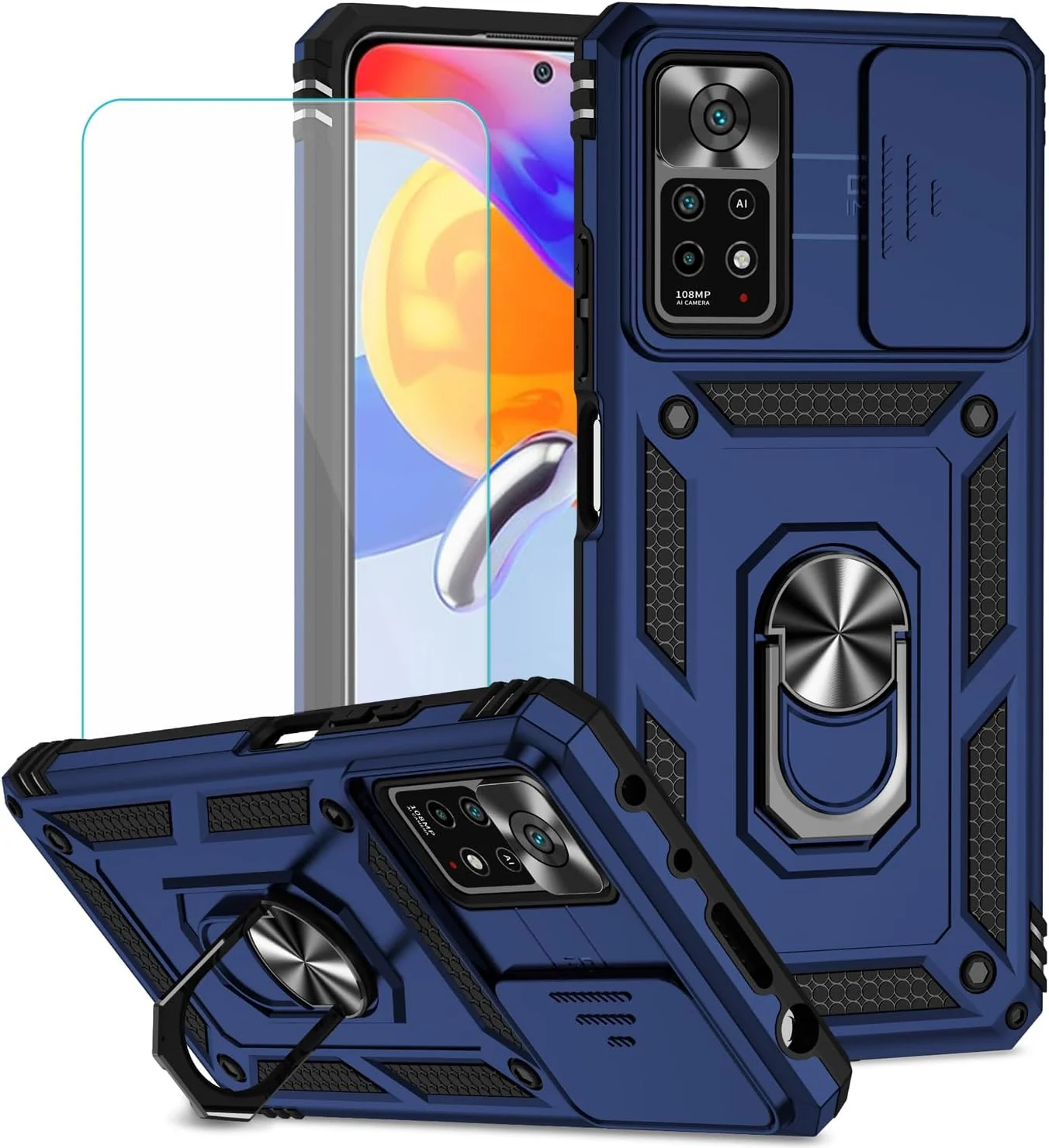 قاب محافظ گوشی شیائومی ردمی نوت 12 پرو 4G LTE به همراه محافظ صفحه نمایش، قاب گوشی با پایه نگهدارنده انگشتی مغناطیسی، پوشش بادوام و مقاوم سازگار با ردمی نوت 12 پرو 4G (آبی)