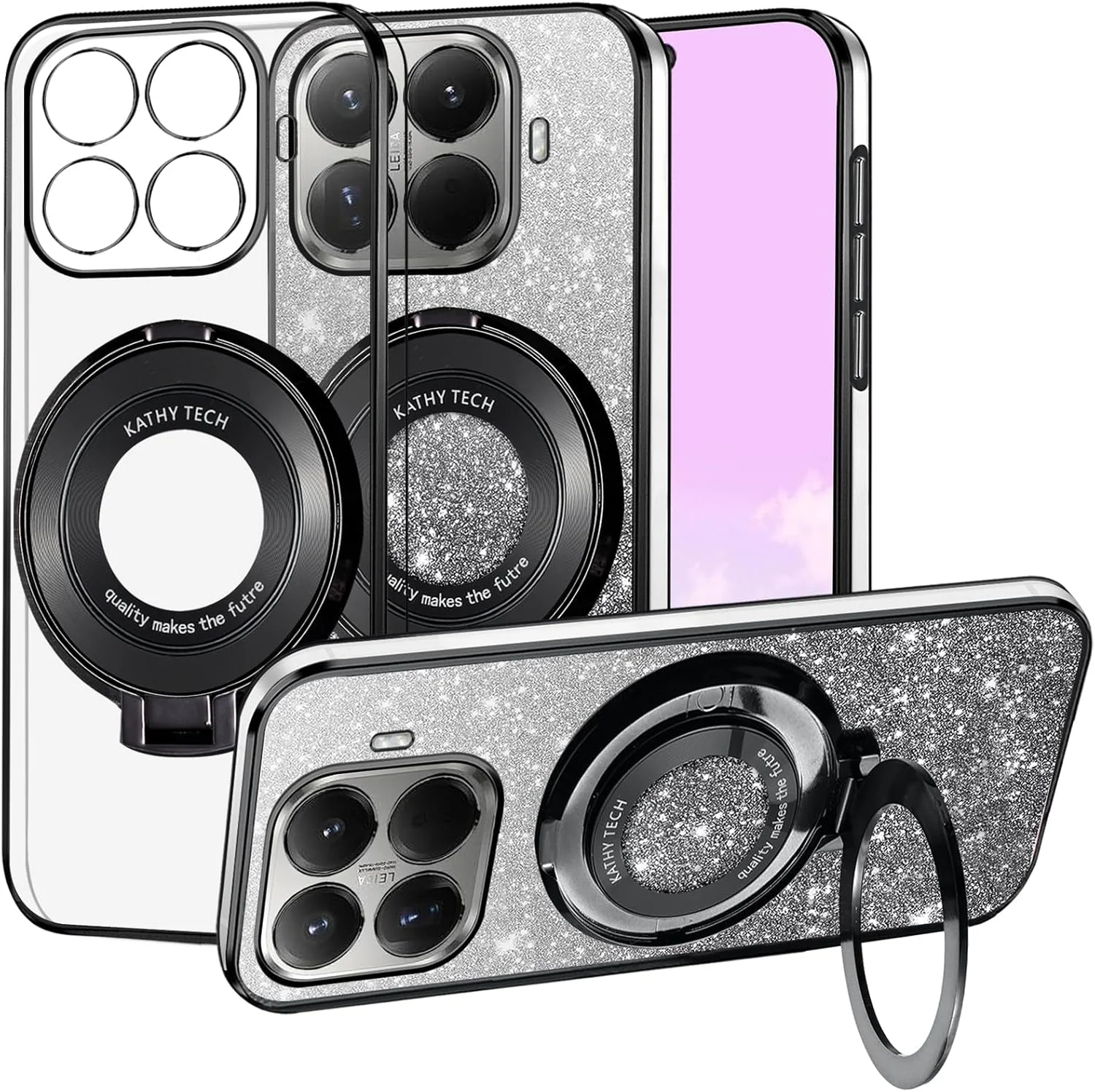 قاب گوشی شیائومی 15T Pro شفاف اکلیلی مغناطیسی با پایه حلقه ای، باریک و زیبا، محافظ سیلیکونی ضد ضربه و درخشان (مشکی)