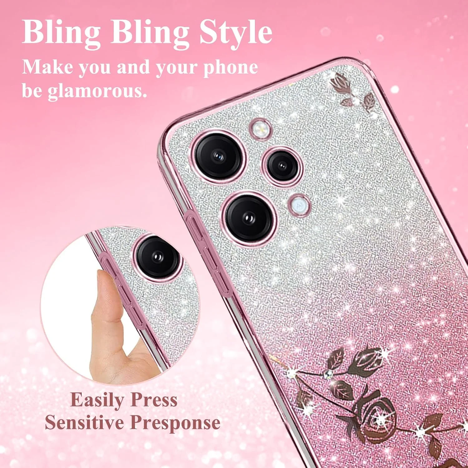 قاب گوشی شیائومی ردمی 12 4G شفاف اکلیلی طرح گل، باریک و زیبا، قاب سیلیکونی ضد ضربه محافظ زنانه دخترانه درخشان (صورتی)