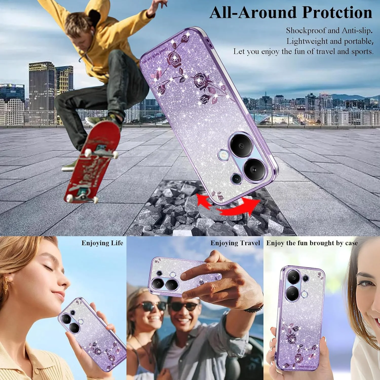 قاب گوشی شیائومی ردمی نوت 13 4G شفاف اکلیلی طرح گل، باریک و زیبا، کاور سیلیکونی ضد ضربه محافظ دخترانه زنانه درخشان (بنفش)