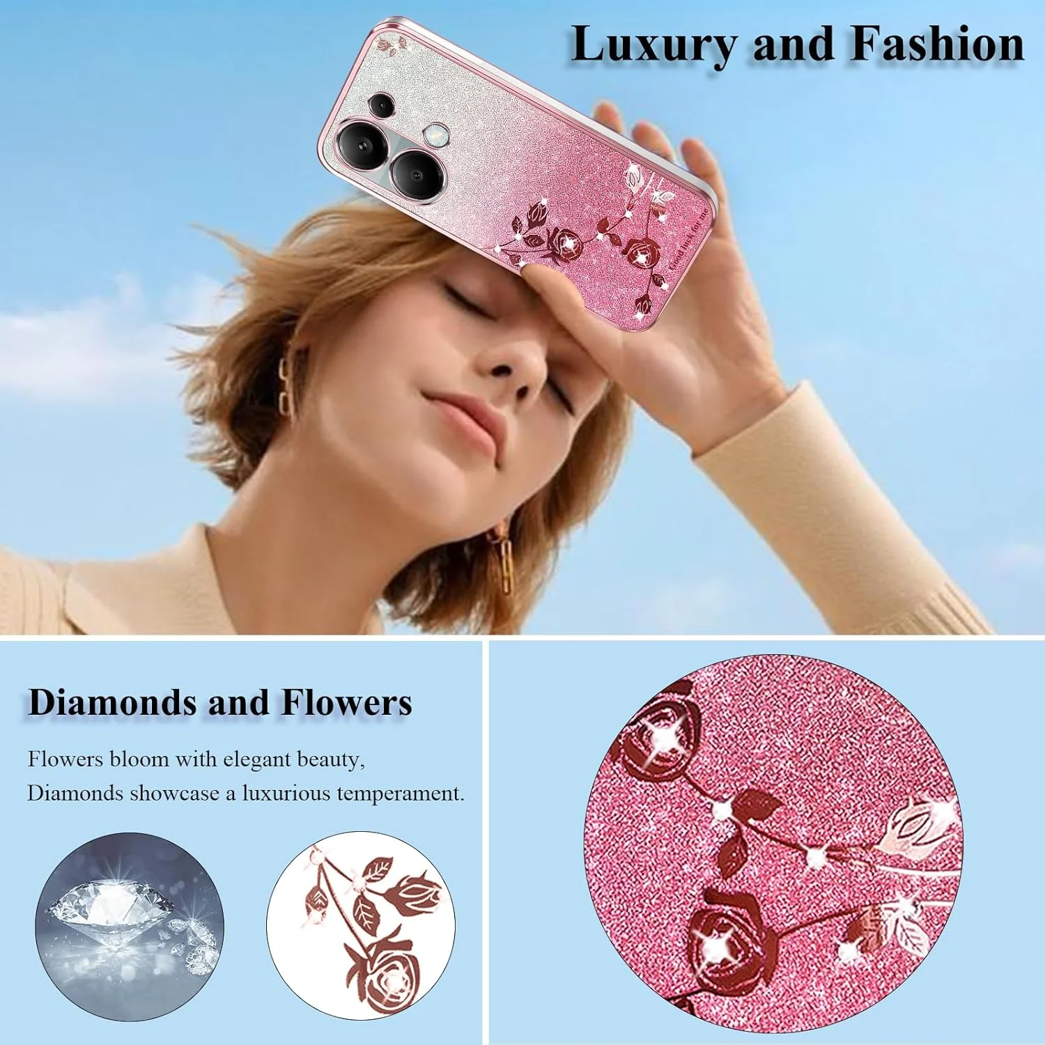 قاب گوشی شیائومی ردمی نوت 13 پرو 4G طرح گل‌دار اکلیلی شفاف، باریک و زیبا، کاور سیلیکونی ضد ضربه محافظ گوشی دخترانه (صورتی)