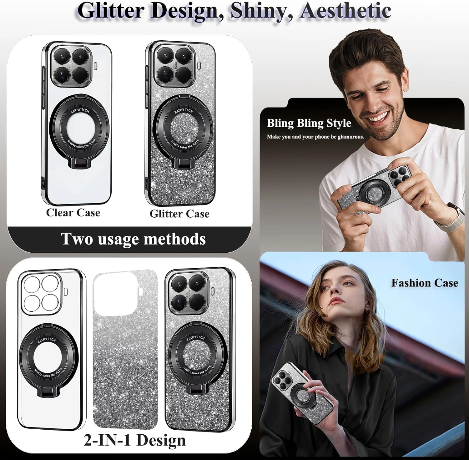 قاب گوشی شیائومی 15T Pro شفاف اکلیلی مغناطیسی با پایه حلقه ای، باریک و زیبا، محافظ سیلیکونی ضد ضربه و درخشان (مشکی)