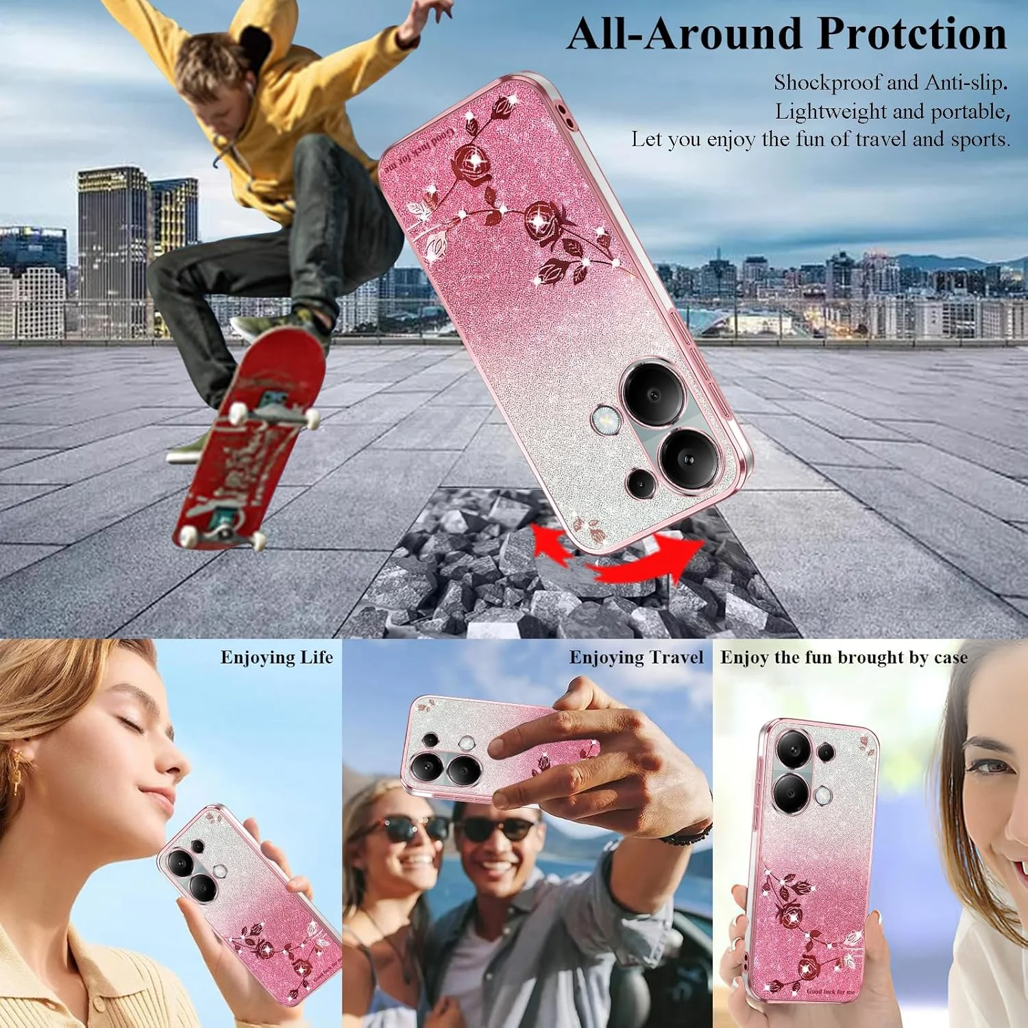 قاب گوشی شیائومی ردمی نوت 13 پرو 4G طرح گل‌دار اکلیلی شفاف، باریک و زیبا، کاور سیلیکونی ضد ضربه محافظ گوشی دخترانه (صورتی)