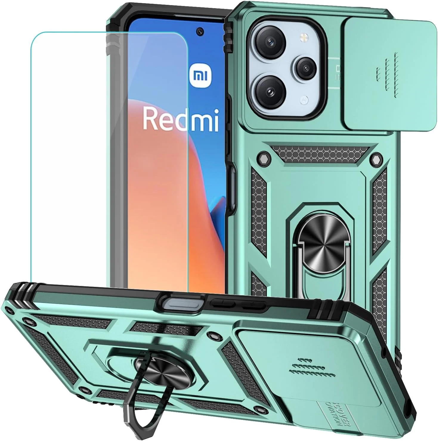قاب محافظ گوشی شیائومی ردمی 12 4G LTE/5G به همراه محافظ صفحه نمایش، کاور گوشی ردمی 12 با پایه نگهدارنده انگشتی مغناطیسی، مقاوم و بادوام سازگار با ردمی 12 5G (سبز)