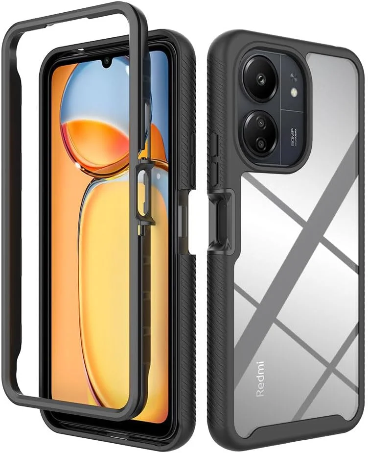 کاور محافظ بامپر دولایه برای شیائومی ردمی 13C 4G/5G، کاور ترکیبی ضد لغزش PC جلو + درب پشتی برای شیائومی ردمی 13C 4G/5G - مشکی