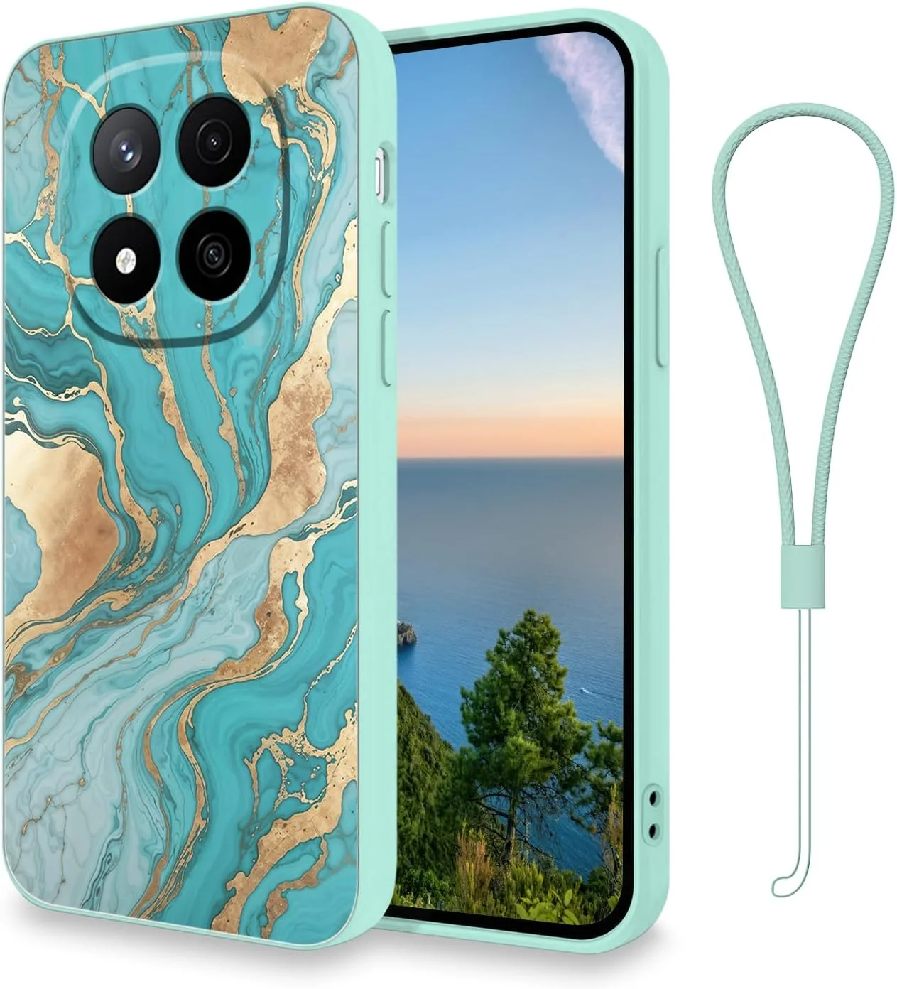 قاب محافظ سیلیکونی باریک طرح سنگ مرمر برای گوشی شیائومی ردمی نوت 14 پرو 4G، ضد ضربه، به همراه بند و پوشش بامپر (آبی روشن)