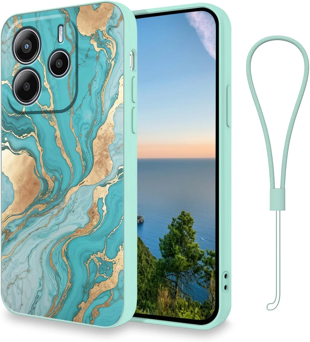 قاب سیلیکونی باریک طرح سنگ مرمر محافظ ضد ضربه گوشی موبایل شیائومی ردمی نوت 14 4G به همراه بند و پوشش ضربه گیر (آبی روشن)