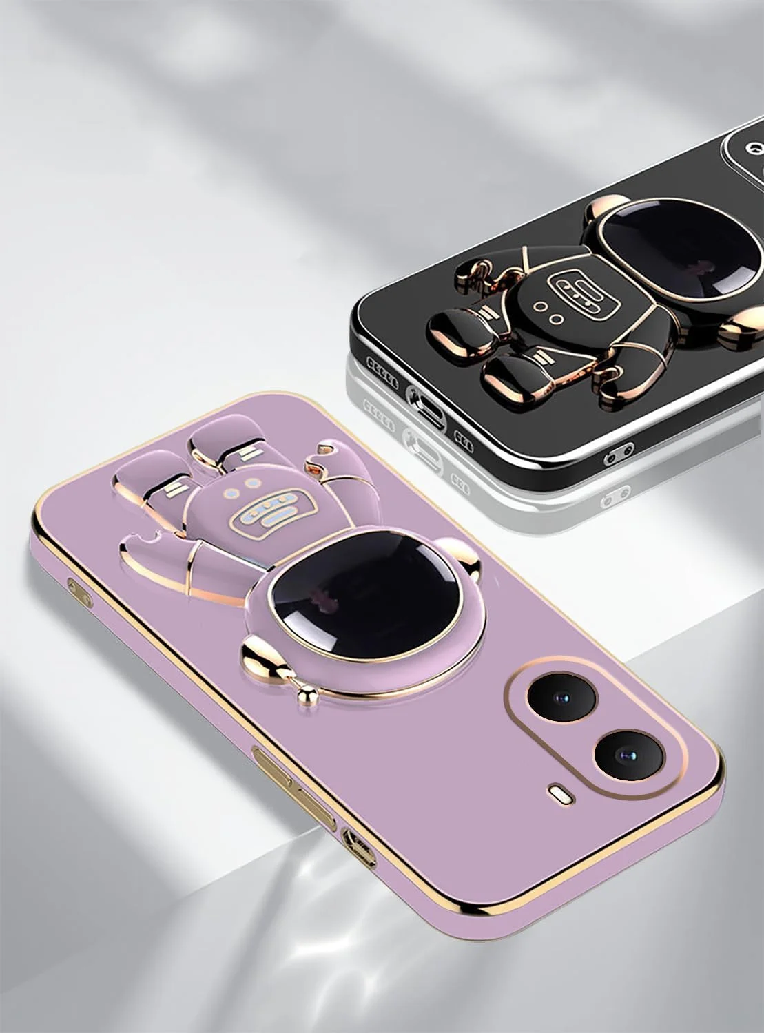 قاب گوشی شیائومی ردمی A5 با پایه مخفی فضانورد بامزه، سازگار با قاب گوشی شیائومی ردمی A5 برای زنان، مردان و دختران، پوشش سپر سیلیکونی (بنفش)