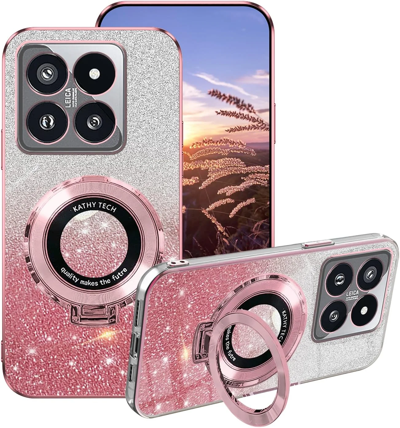 کاور سیلیکونی سازگار با قاب گوشی شیائومی 14T Pro به همراه حلقه نگهدارنده، کاور محافظ ضد ضربه و شفاف اکلیلی برای گوشی شیائومی mi 14T Pro (رنگ صورتی)