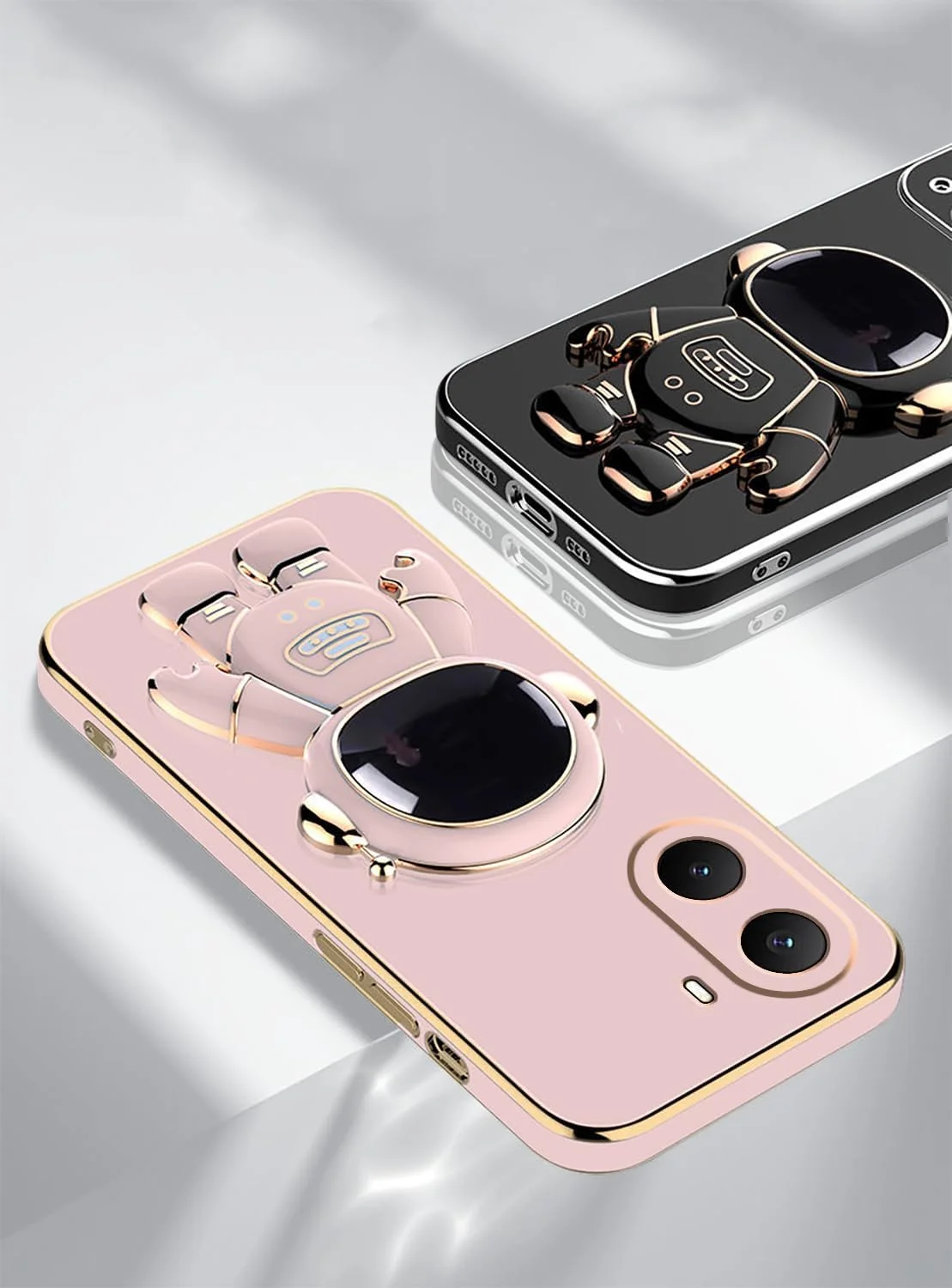 قاب محافظ گوشی شیائومی پوکو X7 پرو با پایه مخفی فضانورد بامزه، سازگار با قاب گوشی پوکو X7 پرو مناسب خانم ها، آقایان و دختران، کاور بامپر سیلیکونی (مشکی)