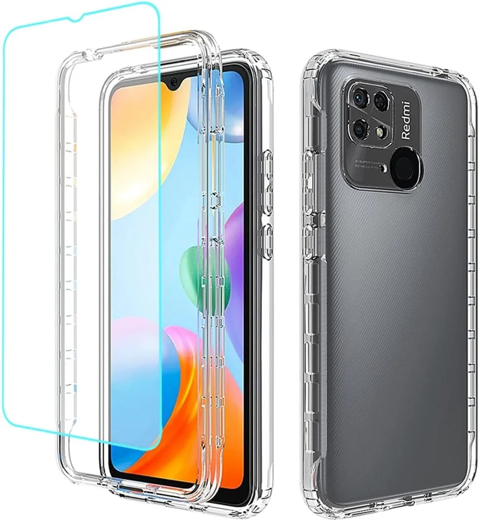 قاب محافظ گوشی شیائومی ردمی 10C مدل 220333QBI به همراه محافظ صفحه نمایش شیشه ای، محافظت 360 درجه کامل بدنه، بدنه سخت و ضربه گیر TPU نرم، مقاوم در برابر ضربه (شفاف)