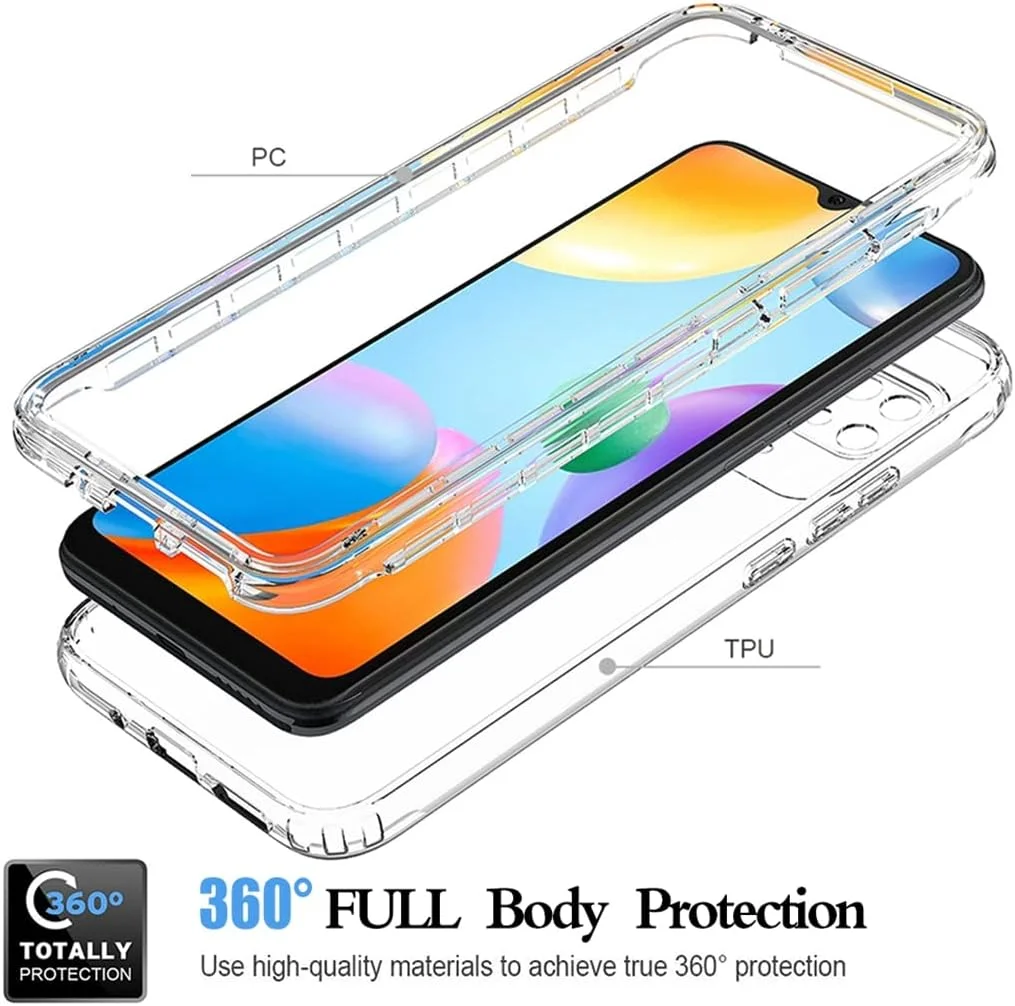 قاب محافظ گوشی شیائومی ردمی 10C مدل 220333QBI به همراه محافظ صفحه نمایش شیشه ای، محافظت 360 درجه کامل بدنه، بدنه سخت و ضربه گیر TPU نرم، مقاوم در برابر ضربه (شفاف)