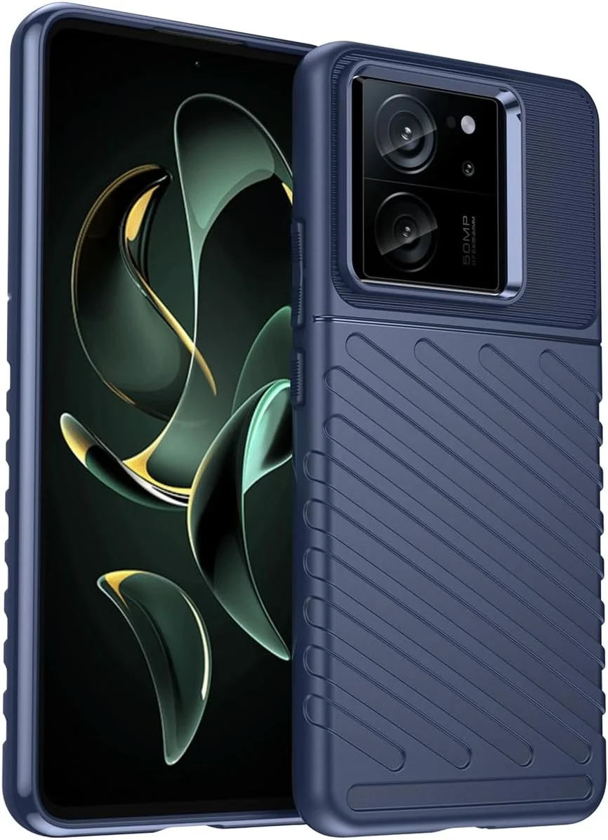 قاب گوشی برای شیائومی 13T، قاب شیائومی 13T Pro به همراه محافظ صفحه نمایش، فیبر کربنی ضد خش مقاوم در برابر ضربه، پوشش پشتی سیلیکونی TPU لاستیکی انعطاف پذیر برای شیائومی 13T/شیائومی 13T Pro آبی