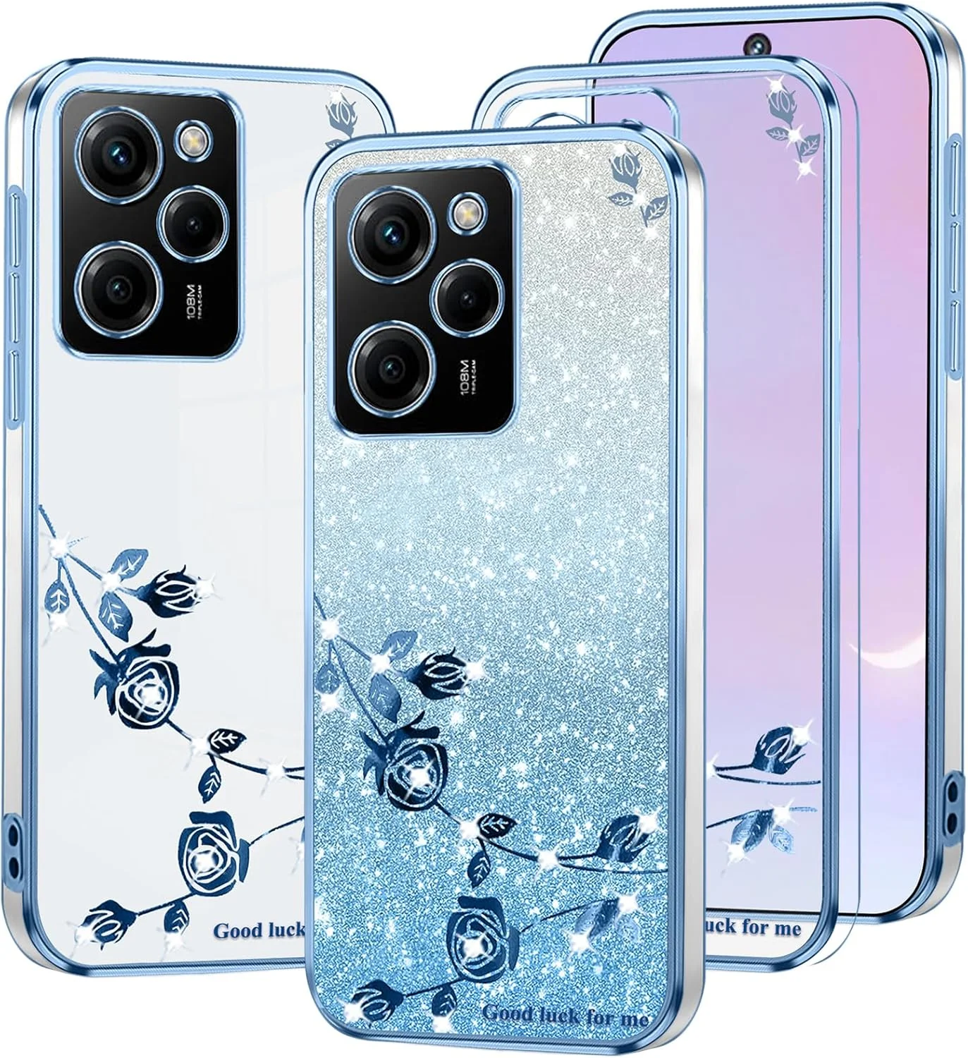 قاب گوشی برای شیائومی پوکو X5 پرو، شفاف، اکلیلی، طرح گل، باریک و زیبا، سیلیکونی، ضد ضربه، محافظ، مناسب دختران و بانوان، درخشان و شیک (آبی)