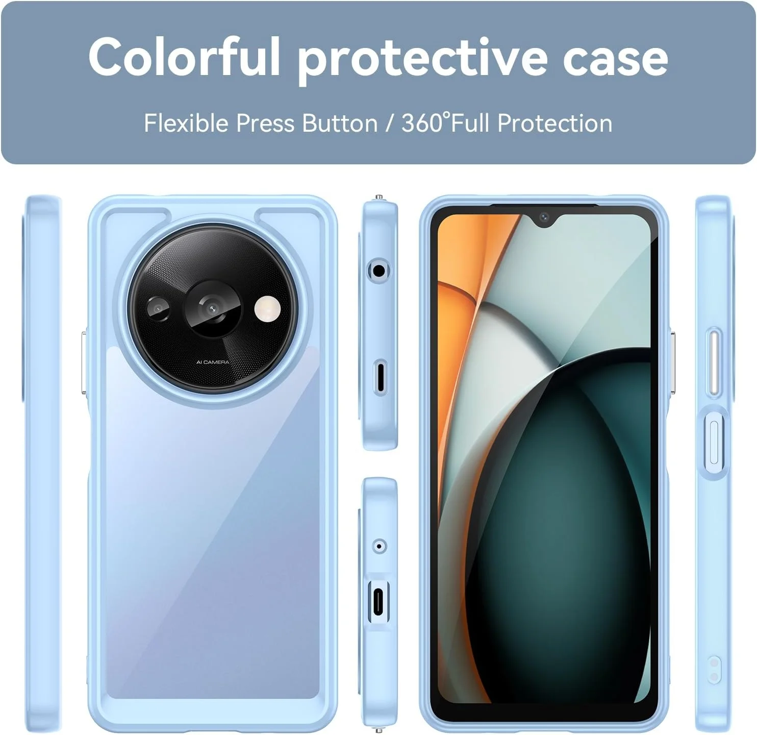 کاور شفاف برای گوشی ردمی A3 / پوکو C61 مدل 2312BPC51H به همراه محافظ صفحه نمایش HD، کاور محافظ گوشی با سپر TPU و PC سخت و شفاف ضد ضربه برای شیائومی ردمی A3، آبی کریستالی