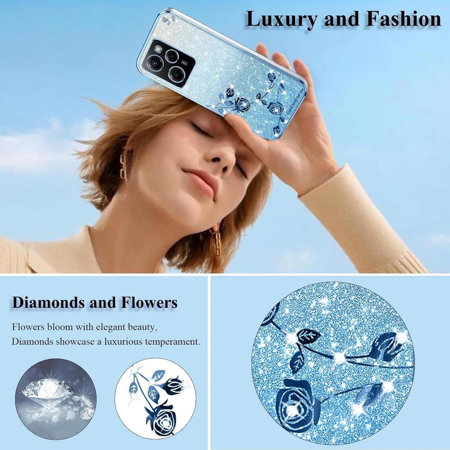 قاب گوشی برای شیائومی پوکو X5 پرو، شفاف، اکلیلی، طرح گل، باریک و زیبا، سیلیکونی، ضد ضربه، محافظ، مناسب دختران و بانوان، درخشان و شیک (آبی)