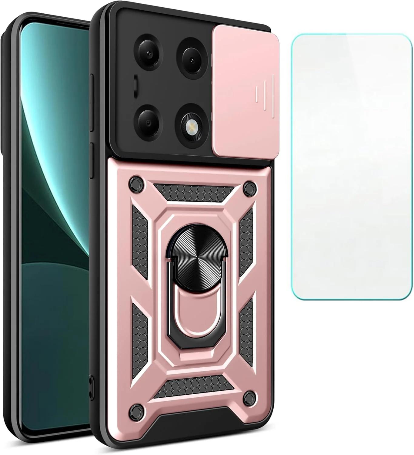 کاور محافظ گوشی شیائومی ردمی نوت 13 پرو 4G، سازگار با کاور گوشی شیائومی پوکو M6 پرو 4G [محافظ صفحه نمایش] [PC سخت + سیلیکون نرم] [دارای حلقه محافظ] - صورتی