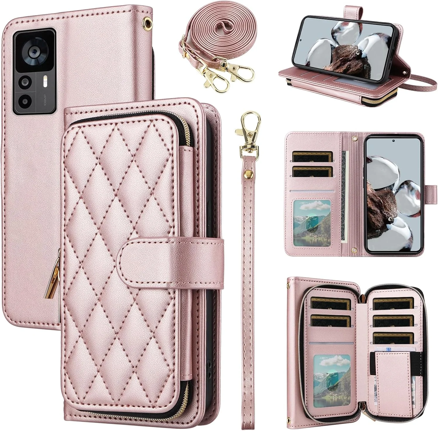 کیف پول چرمی برای گوشی شیائومی 12T/12T Pro 5G با بند مچی جداشدنی، بند دوشی کراس بادی، 9+ جای کارت، کیف زیپ دار، روکش چرمی PU لوکس برای گوشی Mi T12 12TPro زنانه، رزگلد کیف پول چرمی برای گوشی شیائومی 12T/12T Pro 5G با بند مچی جداشدنی، بند دوشی کراس بادی، 9+ جای کارت، کیف زیپ دار، روکش چرمی PU لوکس برای گوشی Mi T12 12TPro زنانه، رزگلد