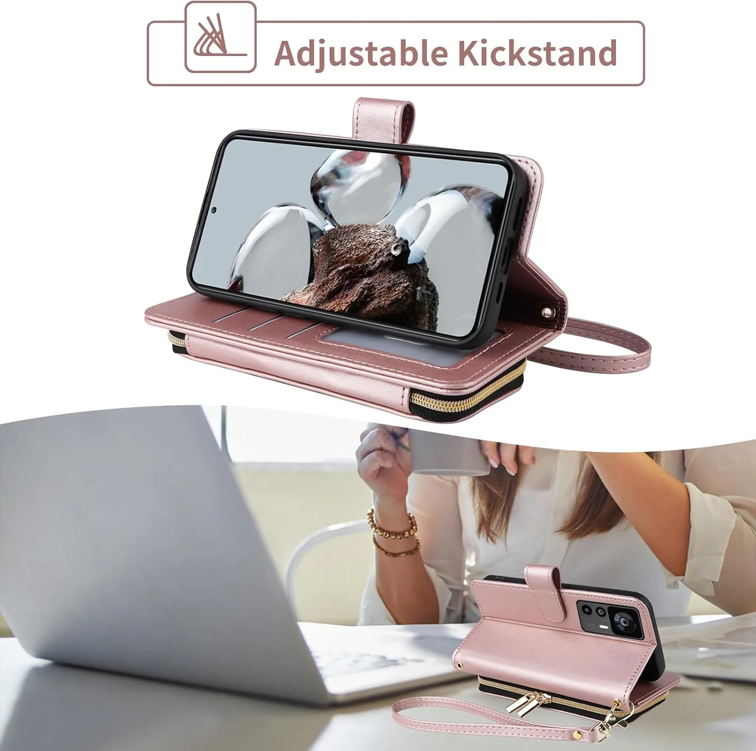 کیف پول چرمی برای گوشی شیائومی 12T/12T Pro 5G با بند مچی جداشدنی، بند دوشی کراس بادی، 9+ جای کارت، کیف زیپ دار، روکش چرمی PU لوکس برای گوشی Mi T12 12TPro زنانه، رزگلد