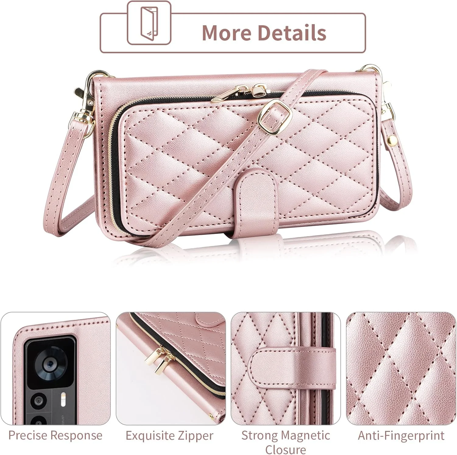 کیف پول چرمی برای گوشی شیائومی 12T/12T Pro 5G با بند مچی جداشدنی، بند دوشی کراس بادی، 9+ جای کارت، کیف زیپ دار، روکش چرمی PU لوکس برای گوشی Mi T12 12TPro زنانه، رزگلد
