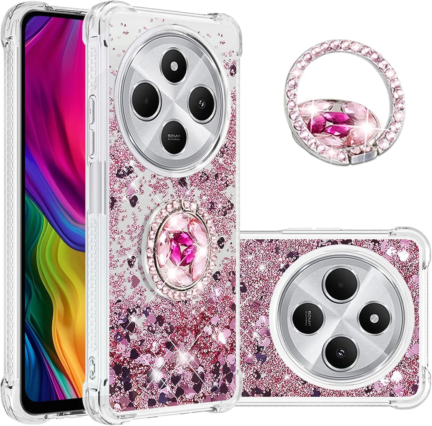 کاور اکلیلی با حلقه الماسی، بامپر نرم TPU شفاف، طرح مایع فانتزی دخترانه برای گوشی شیائومی Redmi 14C 4G - رنگ رزگلد