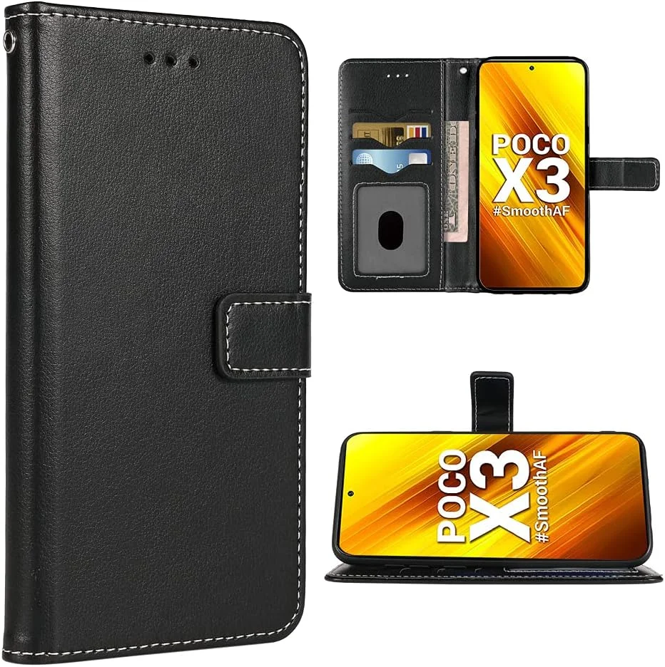 کیف پول چرمی سازگار با گوشی شیائومی پوکو X3/پوکو X3 NFC به همراه بند مچی، کاور تاشو و جای کارت، مناسب برای گوشی های شیائومی پوکو X3 NFC رنگ مشکی