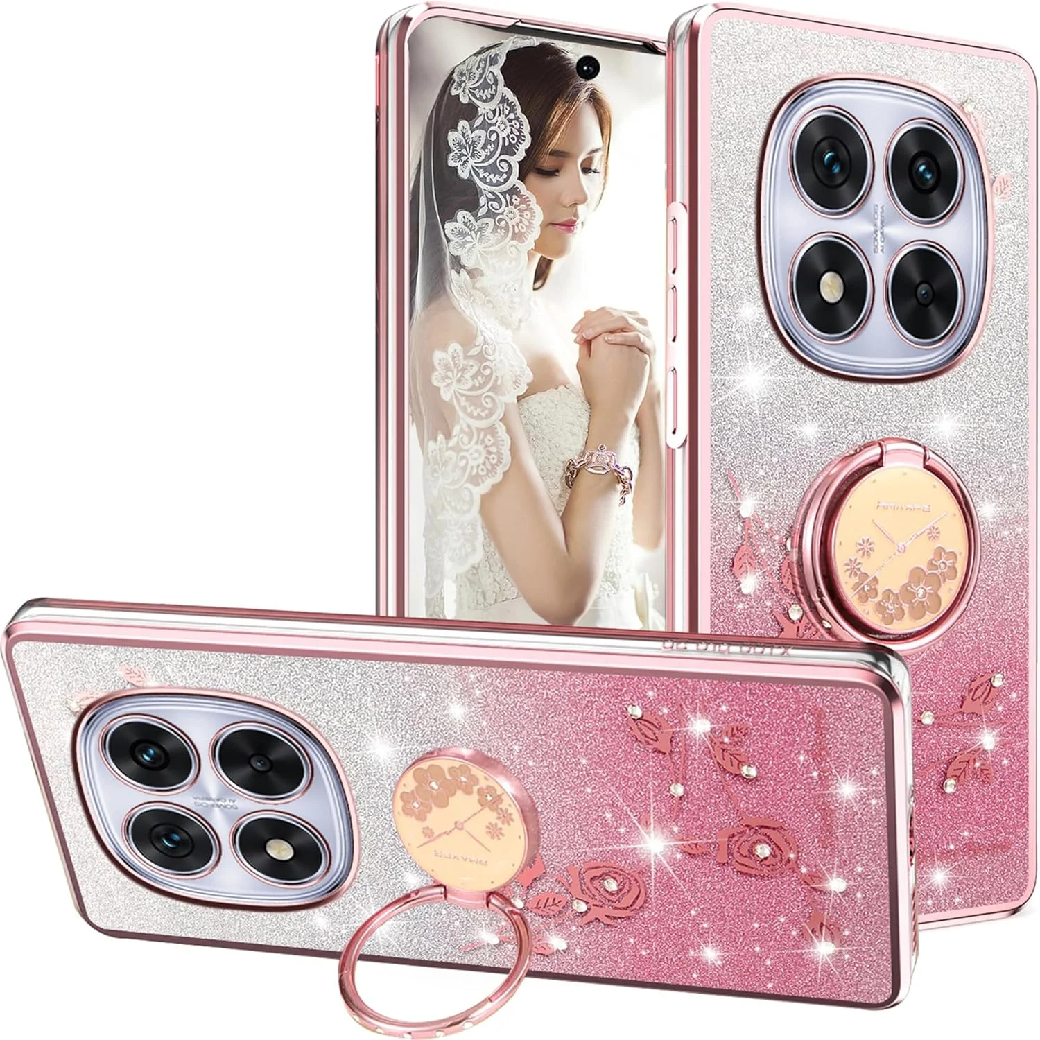 کاور باریک و شفاف اکلیلی با طرح گل و پایه انگشتی برای گوشی شیائومی ردمی نوت 14 پرو 5G با صفحه نمایش 6.67 اینچ - صورتی