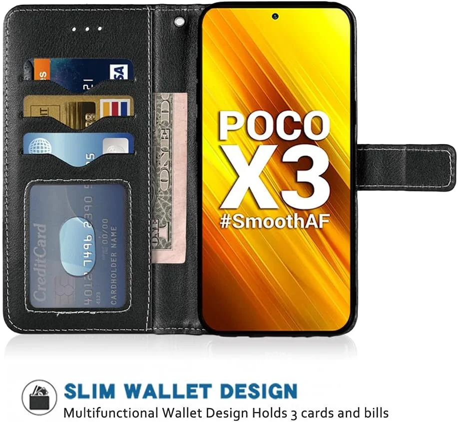 کیف پول چرمی سازگار با گوشی شیائومی پوکو X3/پوکو X3 NFC به همراه بند مچی، کاور تاشو و جای کارت، مناسب برای گوشی های شیائومی پوکو X3 NFC رنگ مشکی