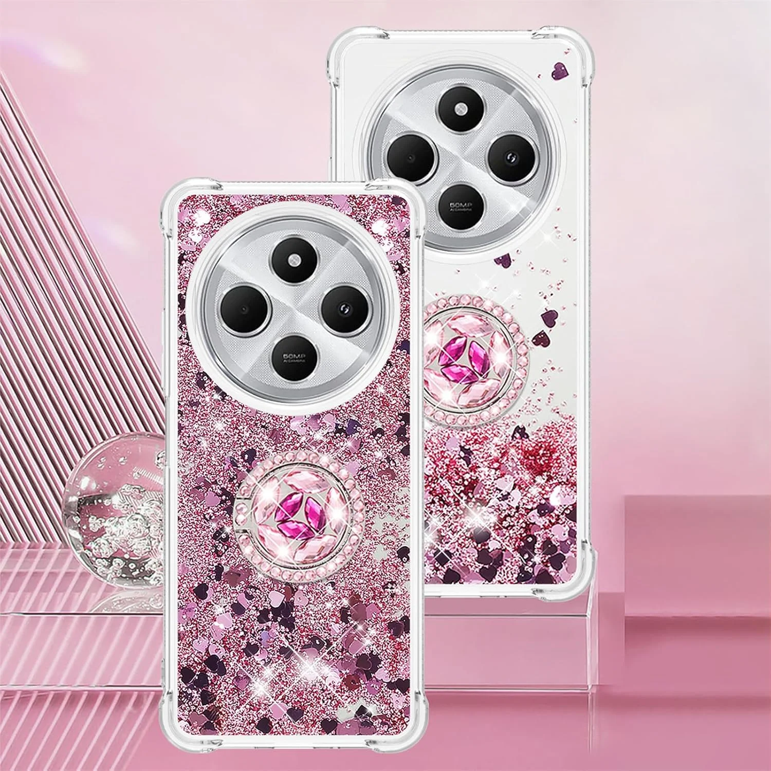 کاور اکلیلی با حلقه الماسی، بامپر نرم TPU شفاف، طرح مایع فانتزی دخترانه برای گوشی شیائومی Redmi 14C 4G - رنگ رزگلد