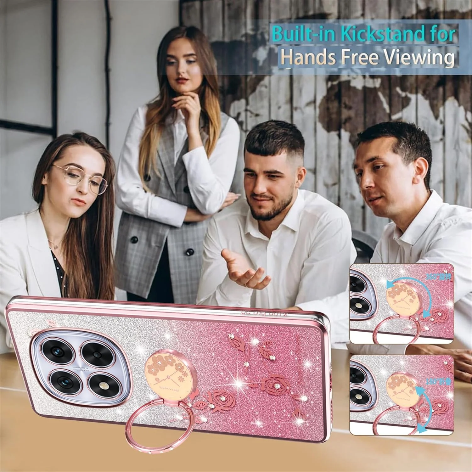 کاور باریک و شفاف اکلیلی با طرح گل و پایه انگشتی برای گوشی شیائومی ردمی نوت 14 پرو 5G با صفحه نمایش 6.67 اینچ - صورتی