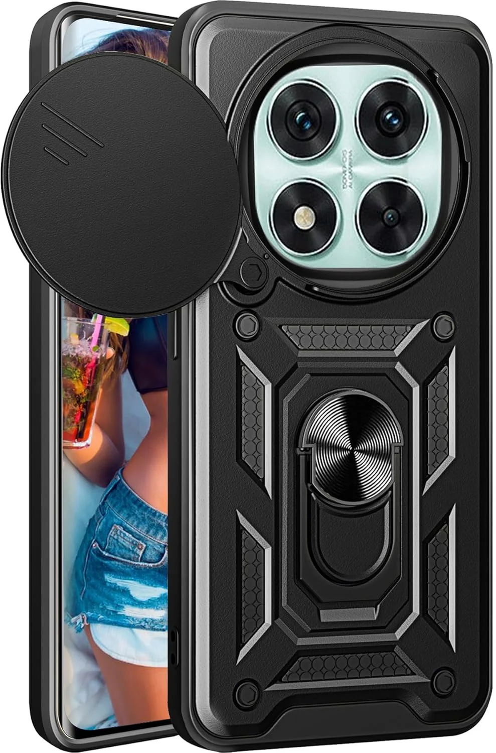 قاب محافظ شیائومی ردمی نوت 14 پرو با استند انگشتی - پوشش کشویی دوربین، محافظت ضد ضربه درجه نظامی، پوشش زرهی مقاوم برای شیائومی ردمی نوت 14 پرو SJ-مشکی