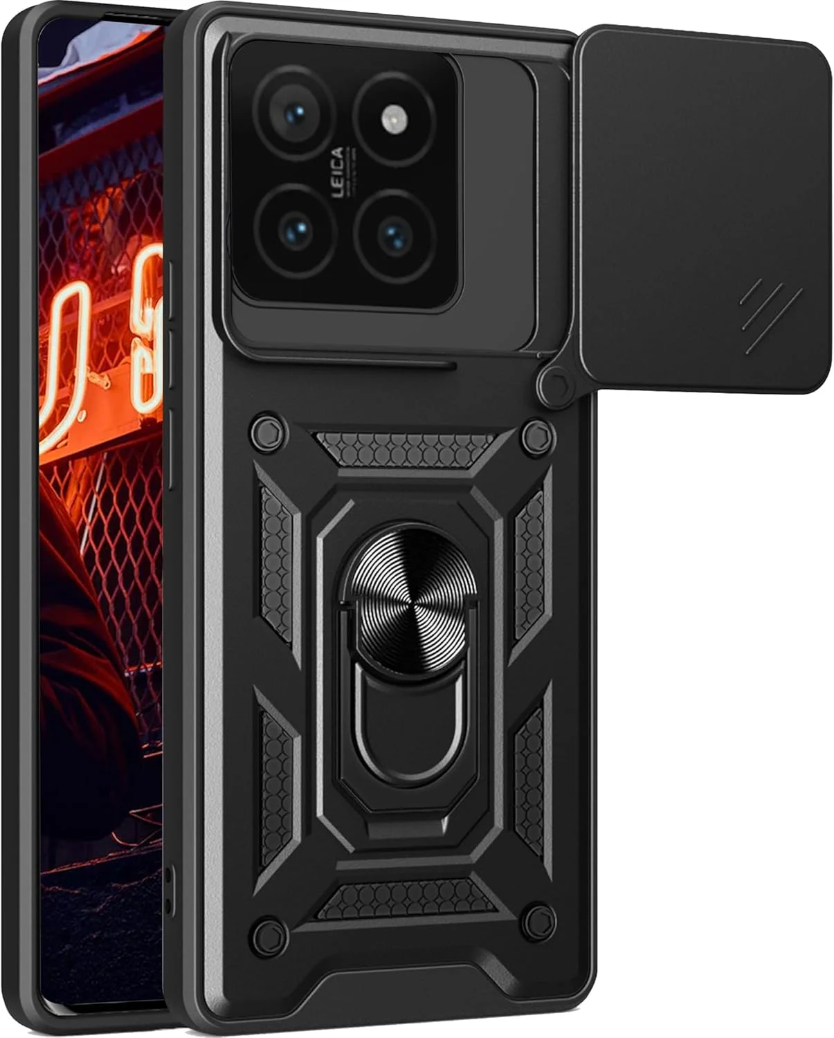 قاب محافظ زرهی گوشی شیائومی 14 تی به همراه پوشش کشویی دوربین و استند انگشتی حلقه ای، محافظ ضد ضربه با درجه نظامی برای شیائومی 14 تی - رنگ مشکی