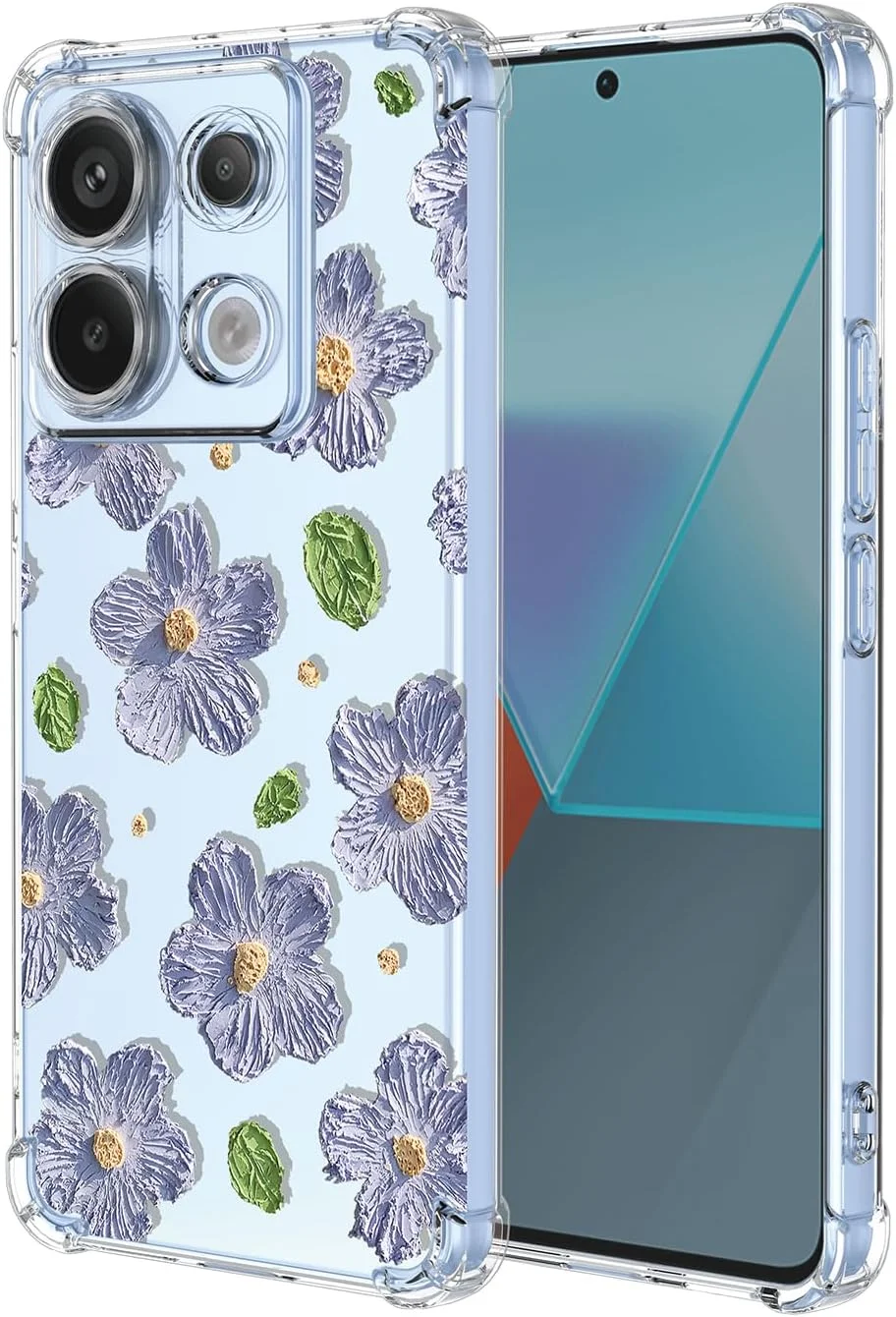 کاور گوشی ردمی نوت 13 پرو 5G پوکو X6، با گوشه‌های دارای بالشتک هوا، طرح گل‌دار، TPU نرم شفاف، ضربه‌گیر، محافظ گوشی برای شیائومی ردمی نوت 13 پرو 5G، گل بنفش