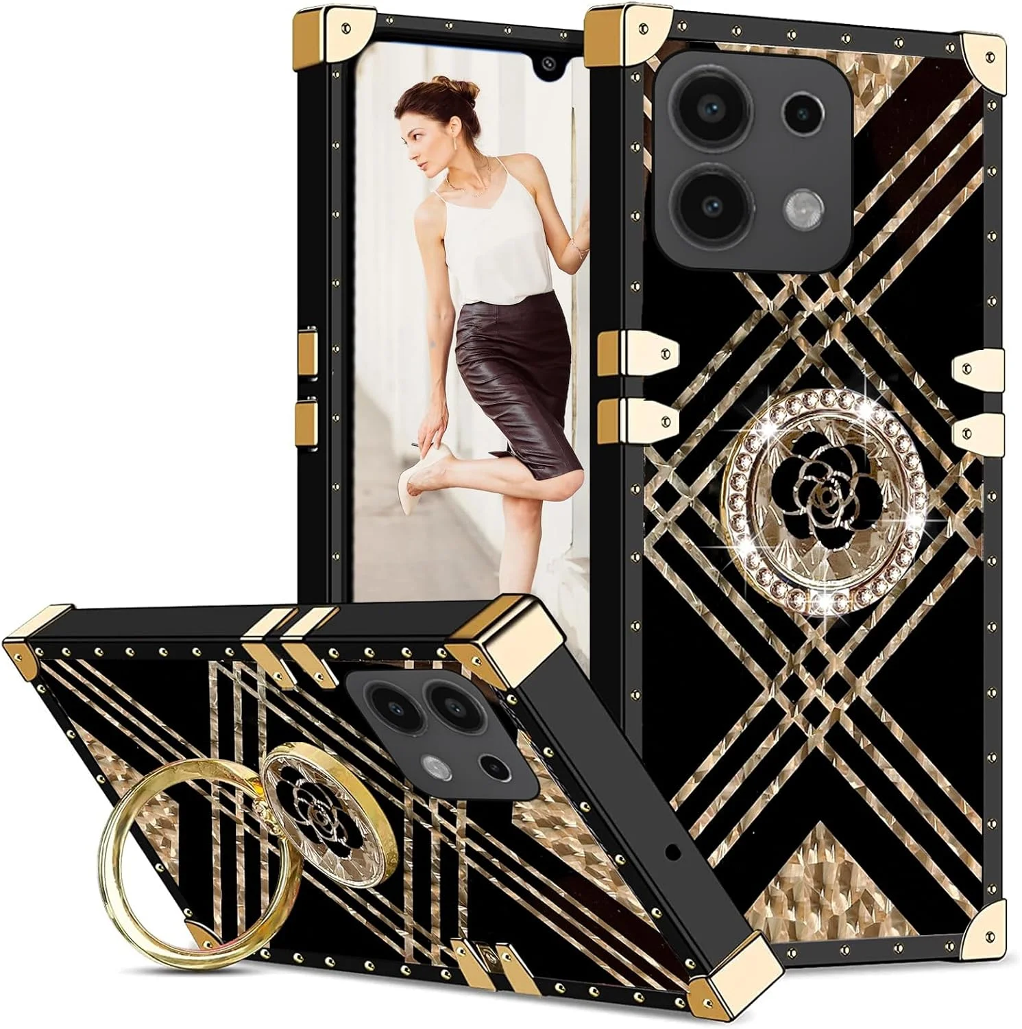 قاب گوشی زنانه با طراحی گوشه فلزی پرچ دار و حلقه الماس درخشان مناسب برای شیائومی ردمی نوت 13 4G (نه 5G) 6.67 اینچ - مشکی