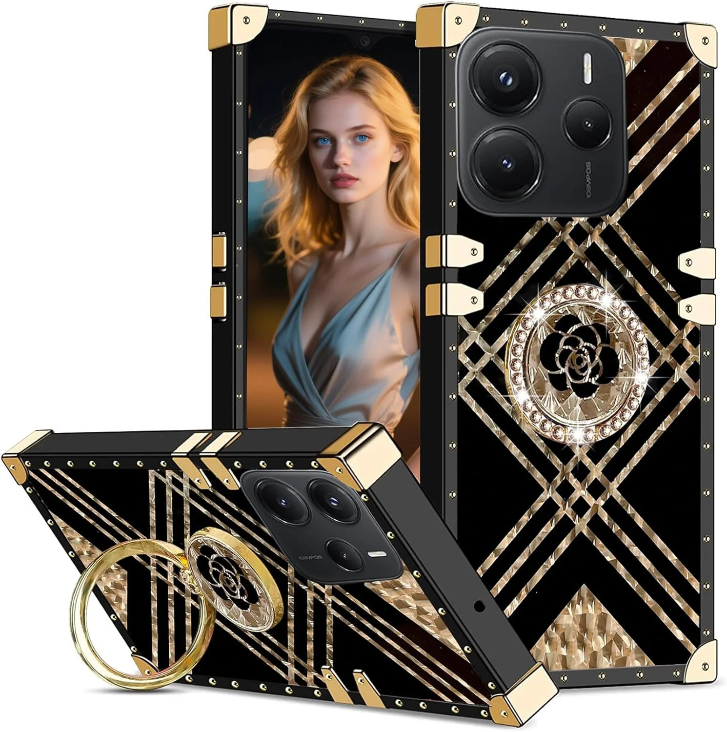 قاب گوشی زنانه دخترانه مناسب برای شیائومی ردمی نوت 14 5G، طراحی گوشه فلزی پرچ دار با پایه انگشتی حلقه ای الماس گل دار براق برای ردمی نوت 14 5G 6.67 اینچ - مشکی