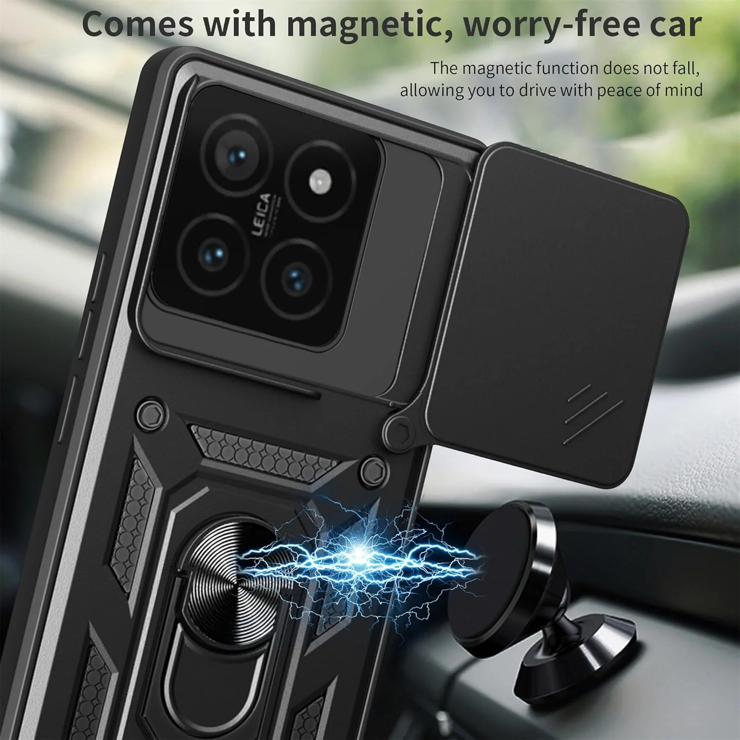 قاب محافظ زرهی گوشی شیائومی 14 تی به همراه پوشش کشویی دوربین و استند انگشتی حلقه ای، محافظ ضد ضربه با درجه نظامی برای شیائومی 14 تی - رنگ مشکی