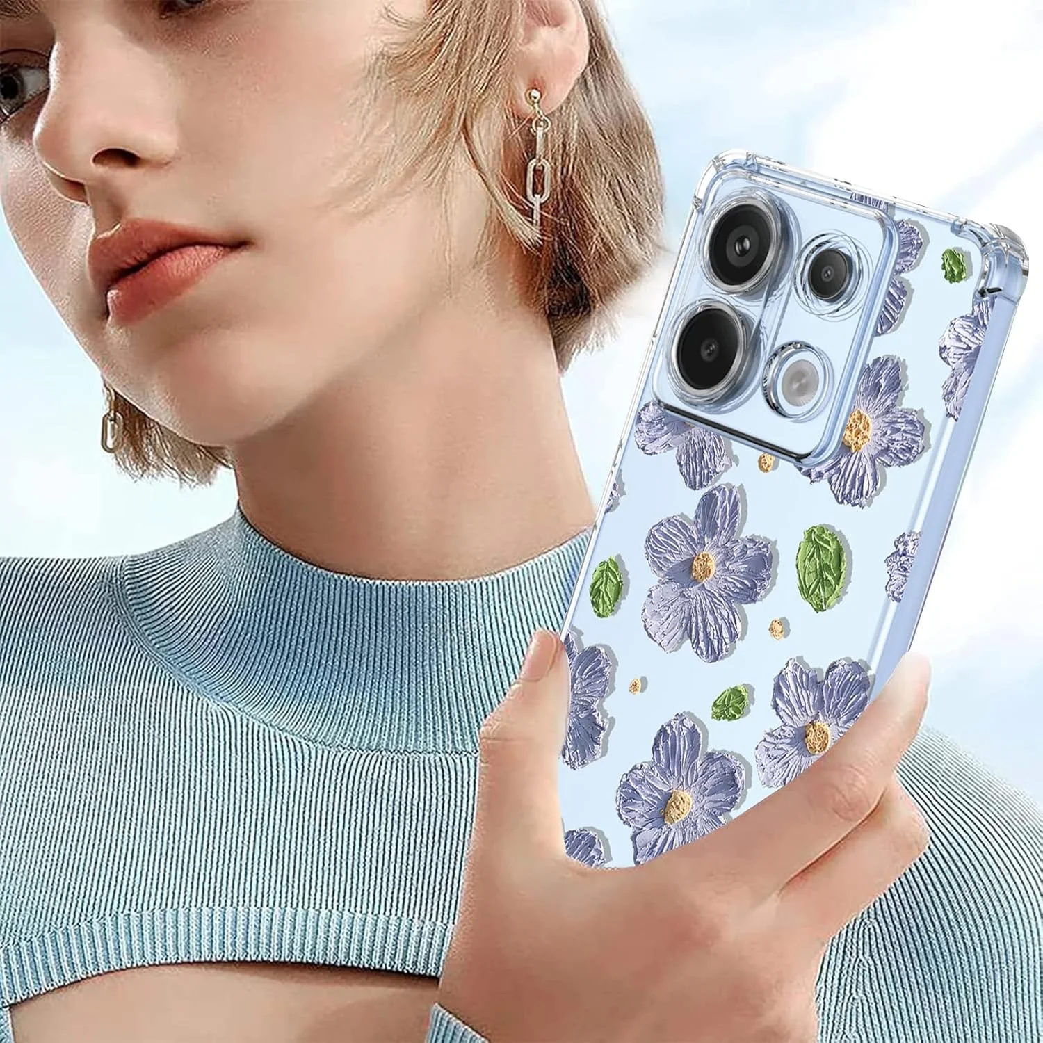 کاور گوشی ردمی نوت 13 پرو 5G پوکو X6، با گوشه‌های دارای بالشتک هوا، طرح گل‌دار، TPU نرم شفاف، ضربه‌گیر، محافظ گوشی برای شیائومی ردمی نوت 13 پرو 5G، گل بنفش