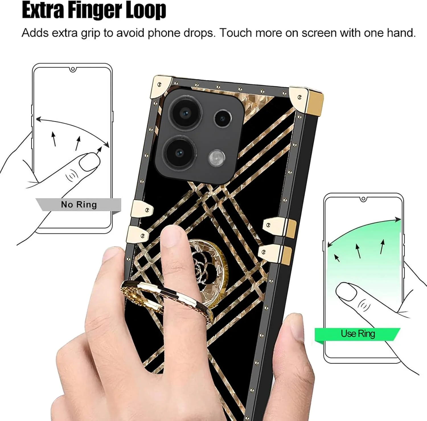 قاب گوشی زنانه با طراحی گوشه فلزی پرچ دار و حلقه الماس درخشان مناسب برای شیائومی ردمی نوت 13 4G (نه 5G) 6.67 اینچ - مشکی