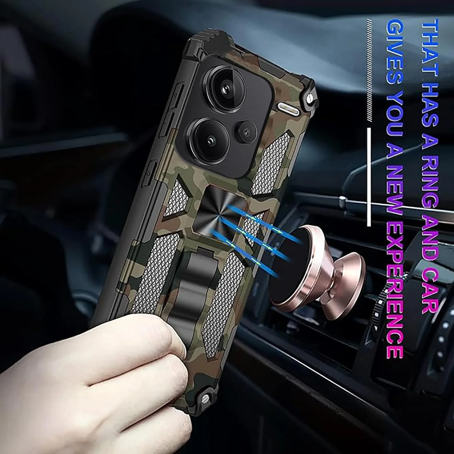 قاب محافظ گوشی شیائومی ردمی نوت 13 پرو پلاس 5G / نوت 13 پرو پلاس با پایه مغناطیسی، محافظ ضد ضربه سنگین نظامی، طرح استتار، رنگ مشکی