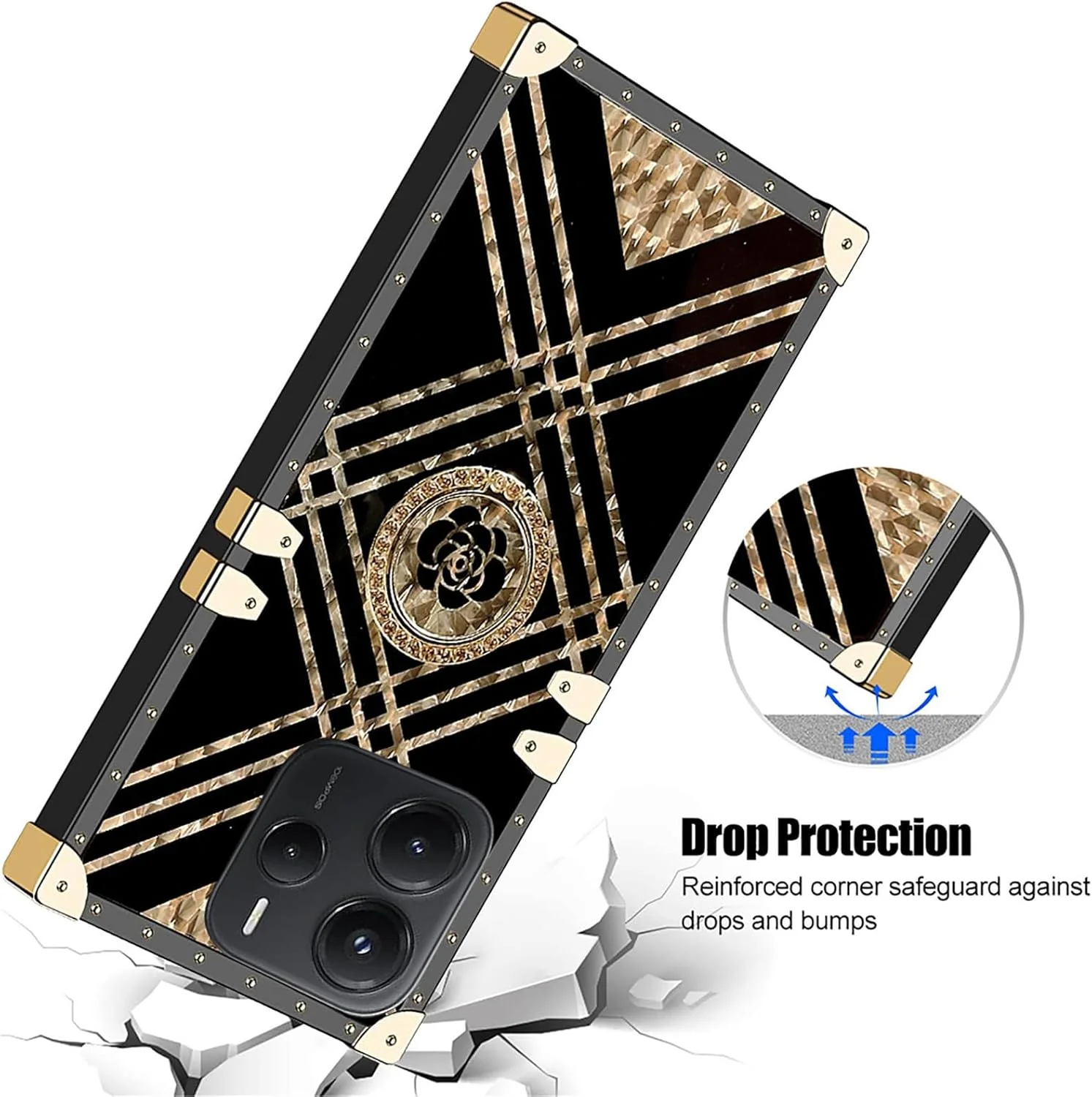 قاب گوشی زنانه دخترانه مناسب برای شیائومی ردمی نوت 14 5G، طراحی گوشه فلزی پرچ دار با پایه انگشتی حلقه ای الماس گل دار براق برای ردمی نوت 14 5G 6.67 اینچ - مشکی