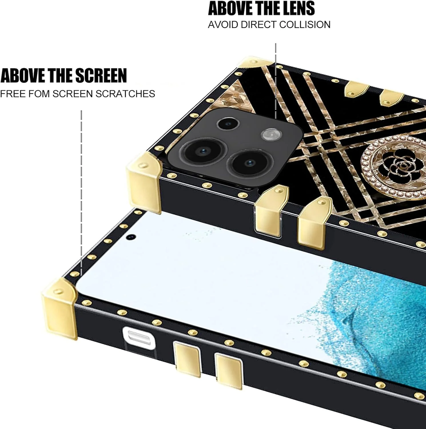 قاب گوشی زنانه با طراحی گوشه فلزی پرچ دار و حلقه الماس درخشان مناسب برای شیائومی ردمی نوت 13 4G (نه 5G) 6.67 اینچ - مشکی