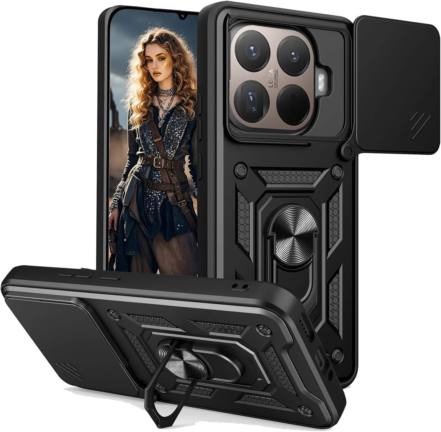 کاور محافظ زرهی برای شیائومی 15T Pro، محافظت ضد ضربه با پوشش کشویی دوربین و حلقه مغناطیسی چرخان 360 درجه برای شیائومی 15T Pro SJ مشکی