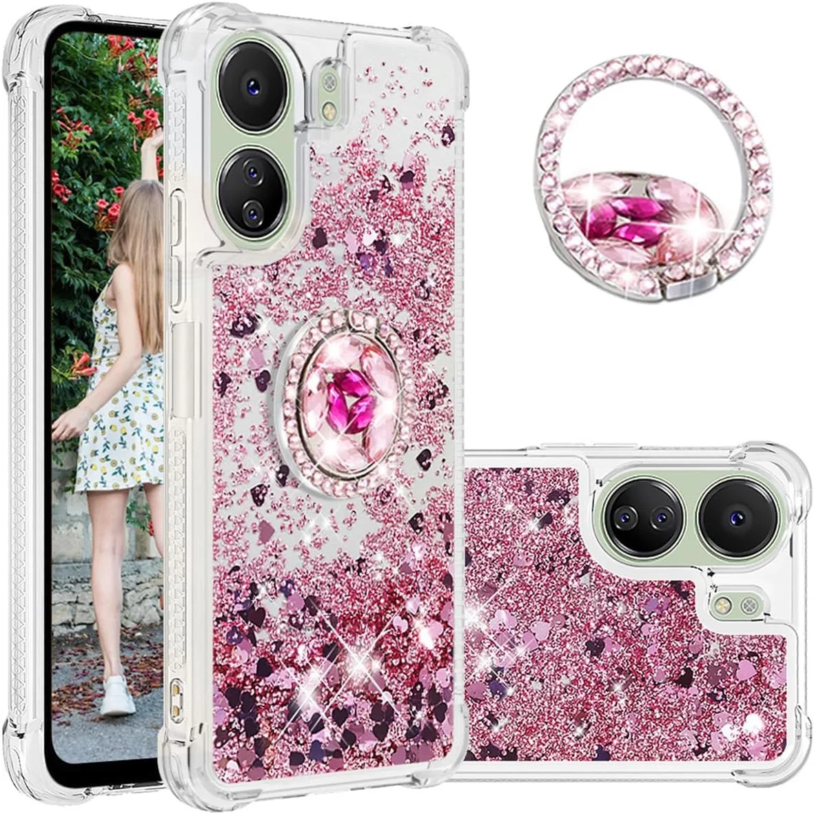 کاور مایع اکلیلی روان برای گوشی شیائومی ردمی 13C 4G با پایه الماسی، محافظ درخشان و ضد ضربه - رزگلد